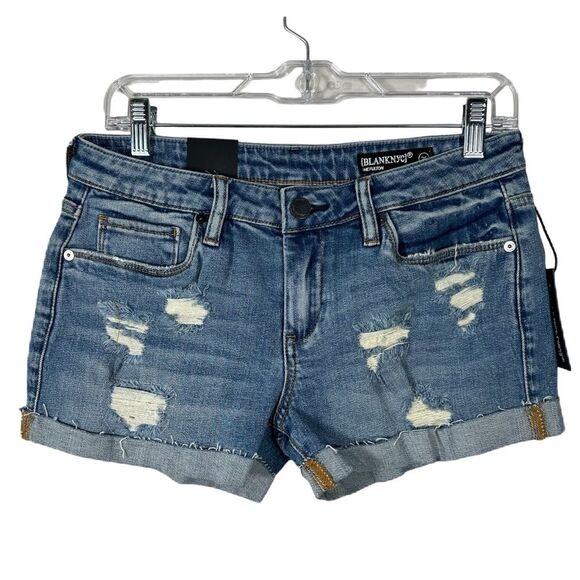 Blank Nyc The Fulton Roll Up Denim Medium Blue Distressed Womens Jean Shorts 26 - Picture 2 of 13